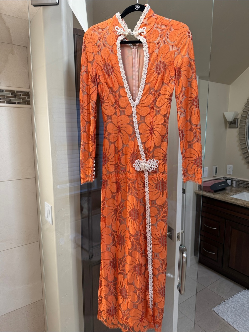 Alessandra Rich Peach-Orange Lace-Trim Dress
